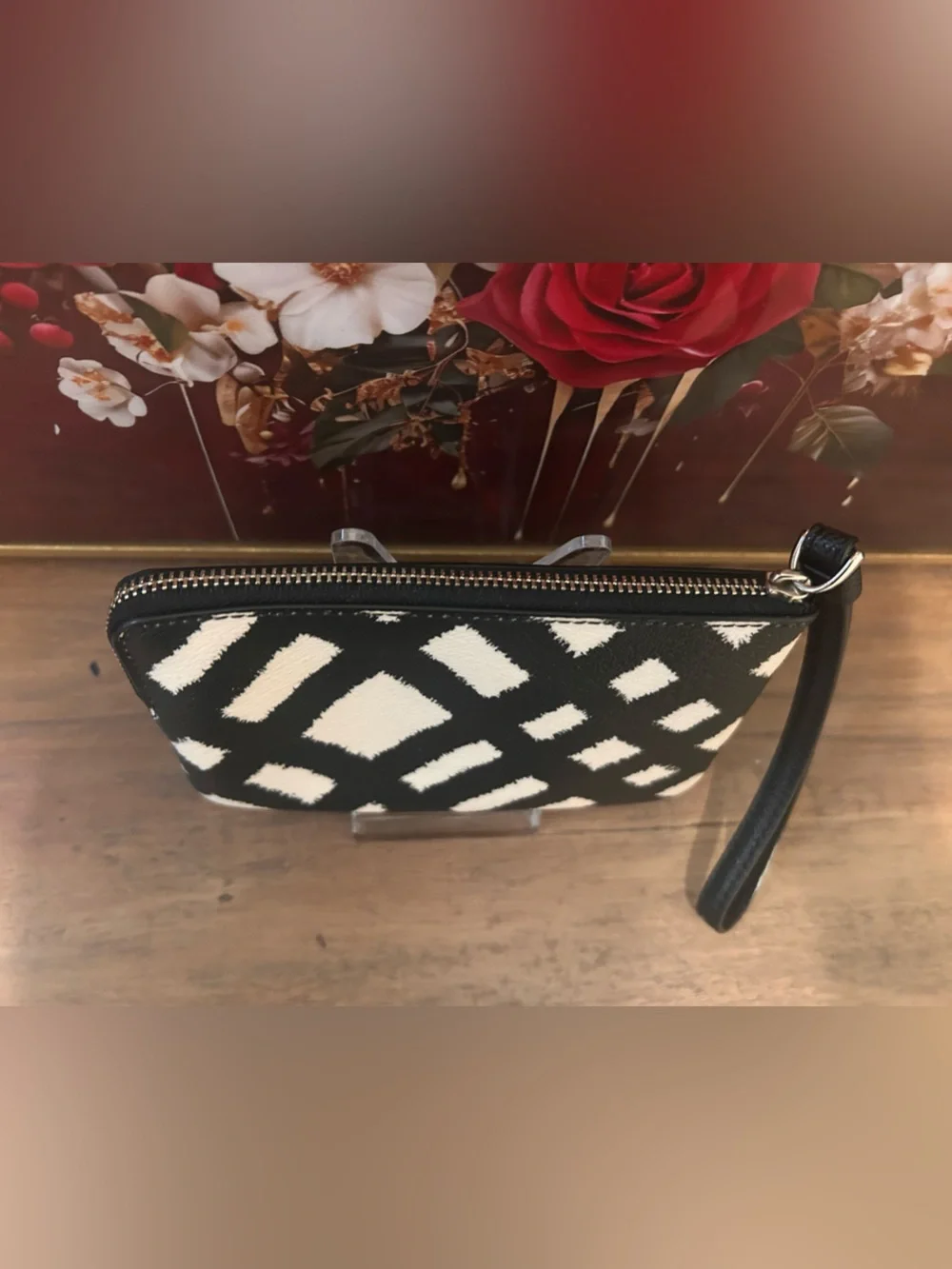 Coach Black and White Geometric Leather Wristlet